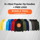 8 x Most Popular Zip Hoodies + Free Logo