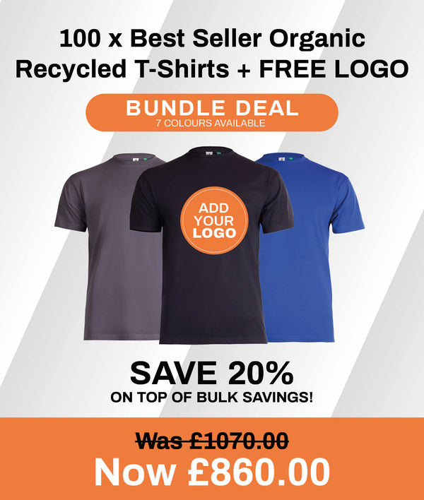 100 x Best Seller Organic / Recycled T-Shirts + FREE LOGO