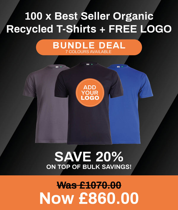 100 x Best Seller Organic / Recycled T-Shirts + FREE LOGO